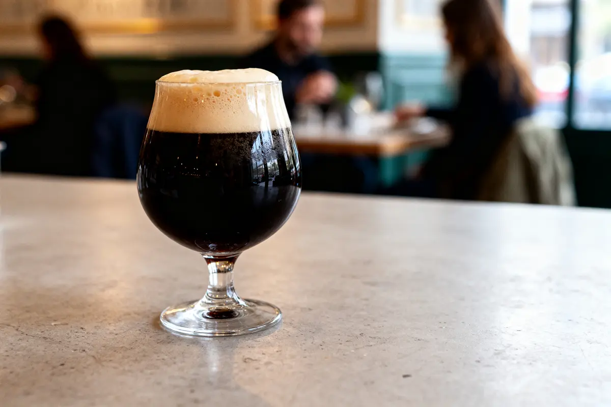 Verre de bière Pastry Stout mousseuse posé sur un comptoir de café lumineux