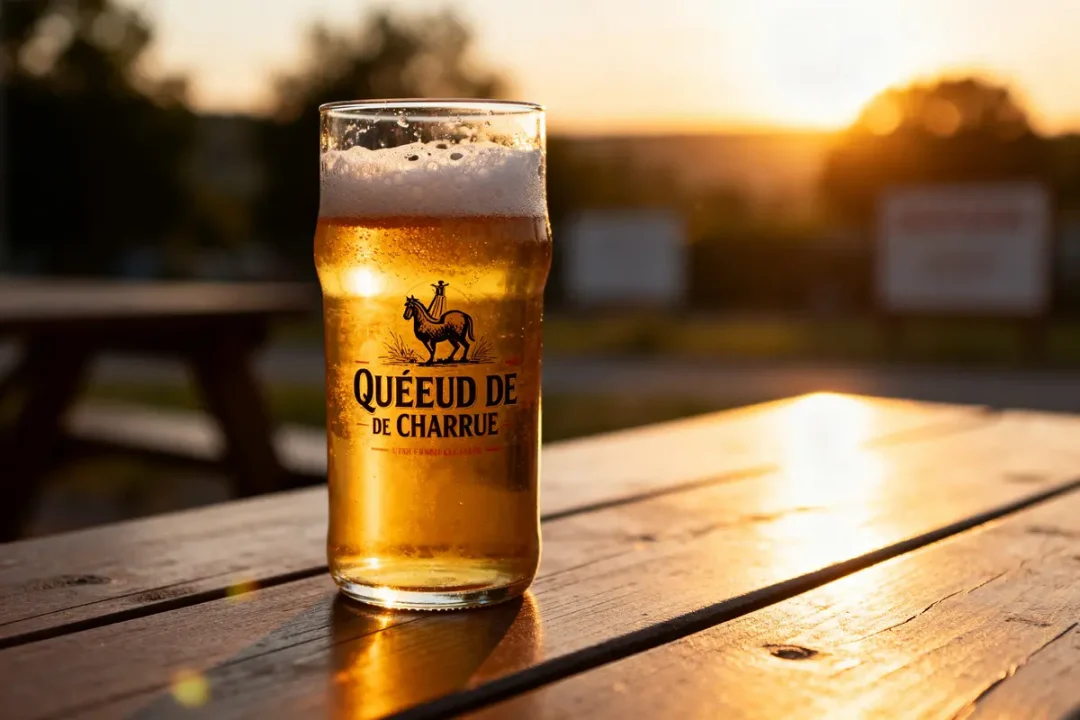 Verre de bière Queue de Charrue sur table en bois au coucher du soleil