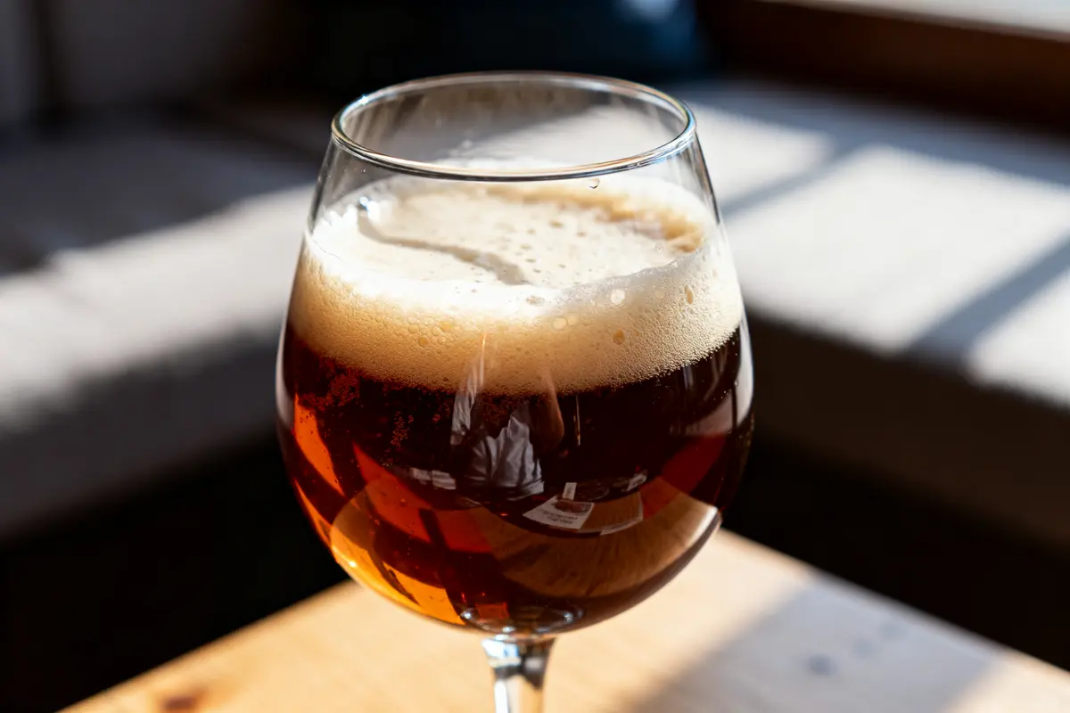 Verre de bière Rauchbier ambrée avec mousse crémeuse sur une table en bois