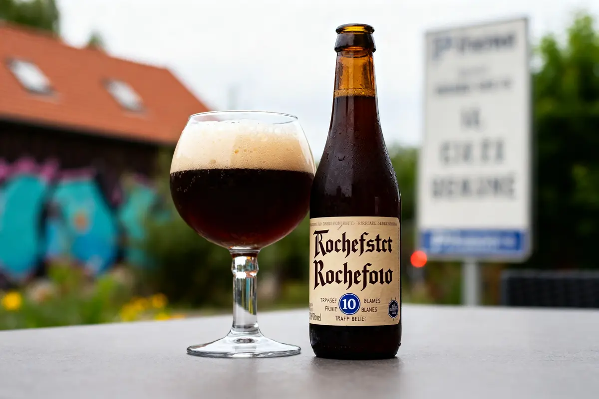 Bouteille et verre de bière Rochefort 10 sur table extérieure avec arrière-plan flou.
