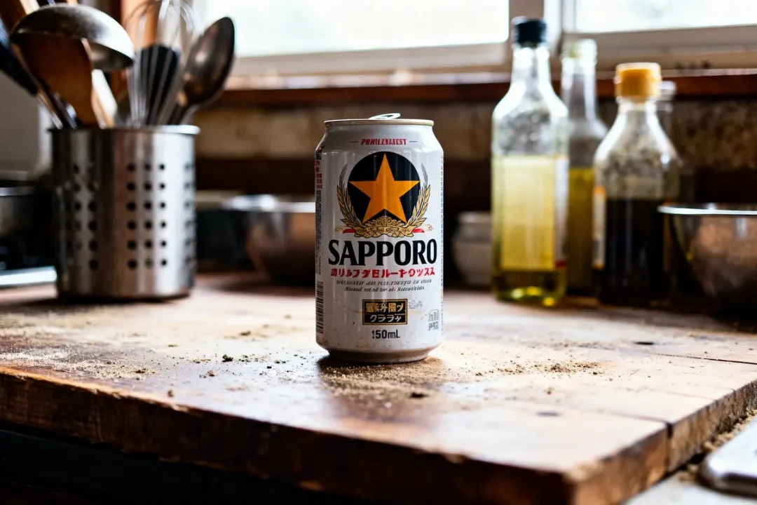 Canette de bière Sapporo sur une table en bois dans une cuisine rustique.