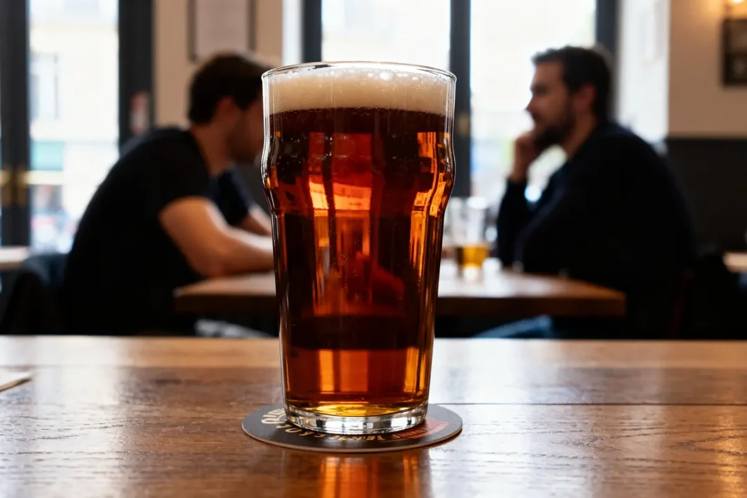 Verre de bière Scotch Ale ambrée sur table de bar avec clients en arrière-plan