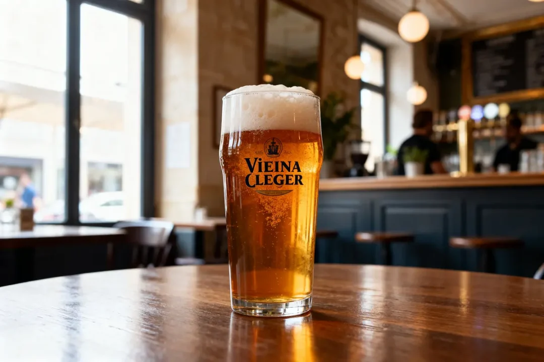 Pinte de bière Vienna Lager sur table de café avec fond flou de bar élégant
