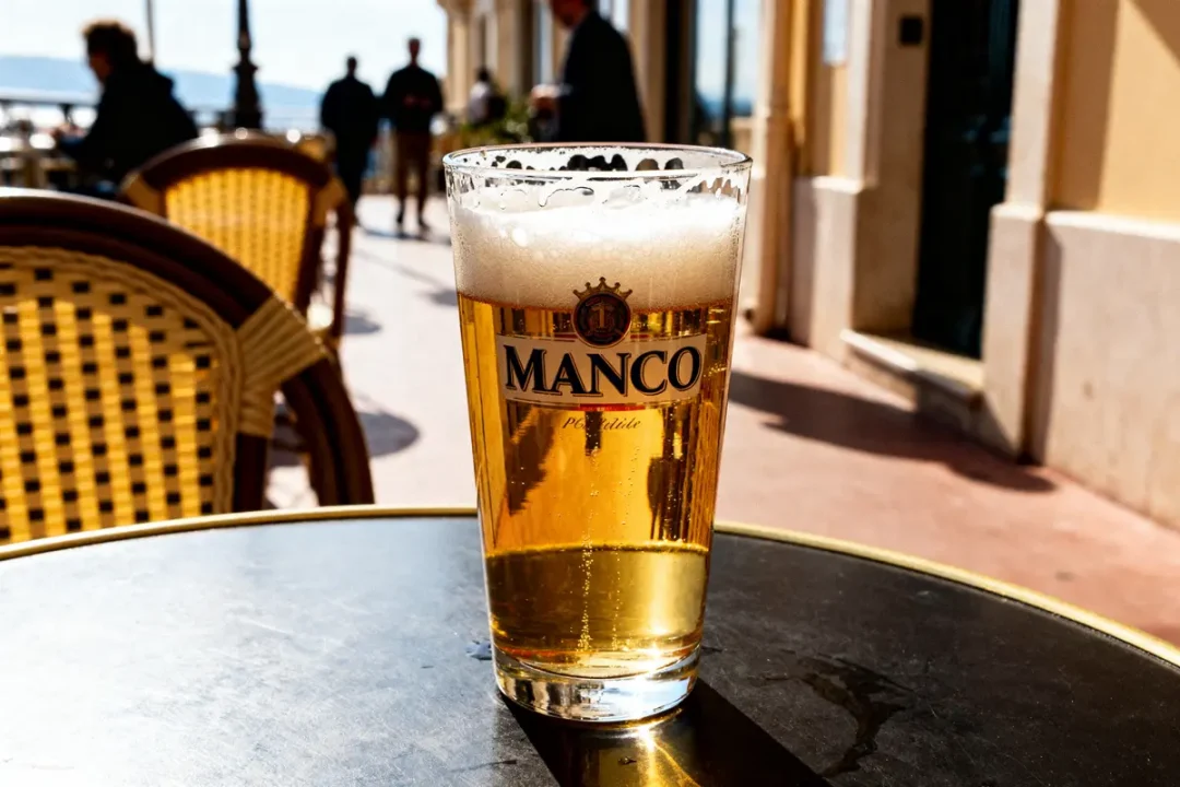 Verre de bière de Monaco sur terrasse ensoleillée avec chaises en osier
