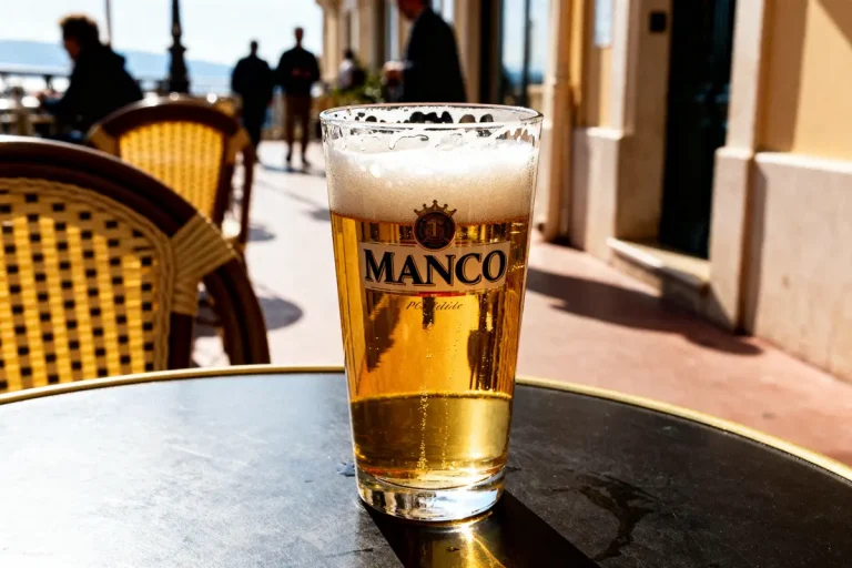 Verre de bière de Monaco sur terrasse ensoleillée avec chaises en osier
