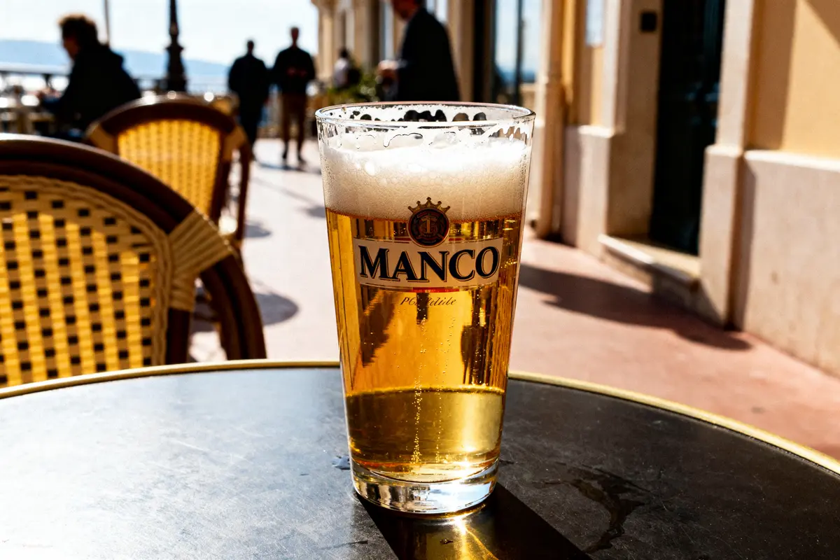 Verre de bière de Monaco sur terrasse ensoleillée avec chaises en osier