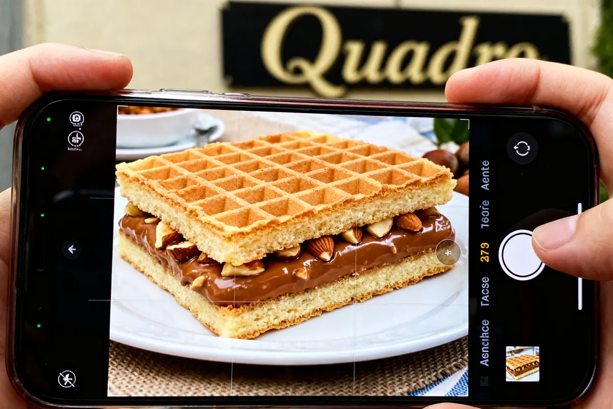 Téléphone photographiant un gâteau Quadro au chocolat et amandes sur assiette blanche