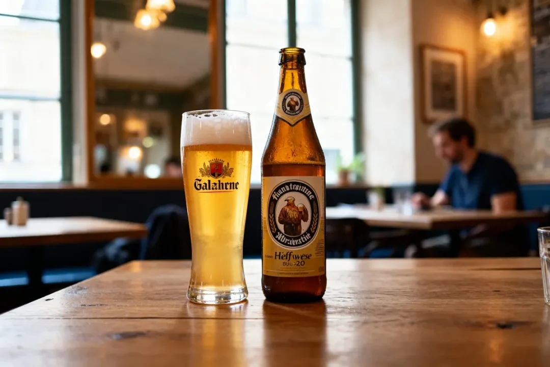 Verre et bouteille de bière à faible amertume sur table en bois d'un café convivial