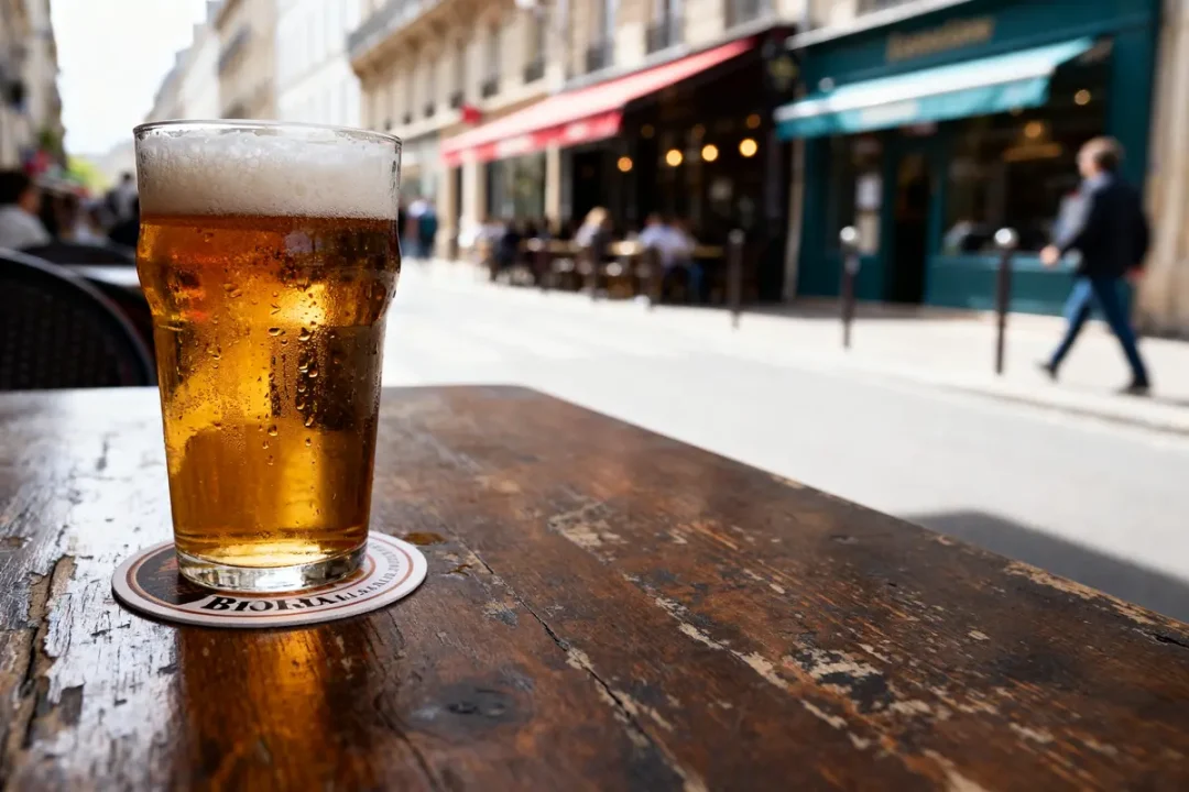 Verre de bière artisanale bordelaise sur une terrasse ensoleillée à Bordeaux