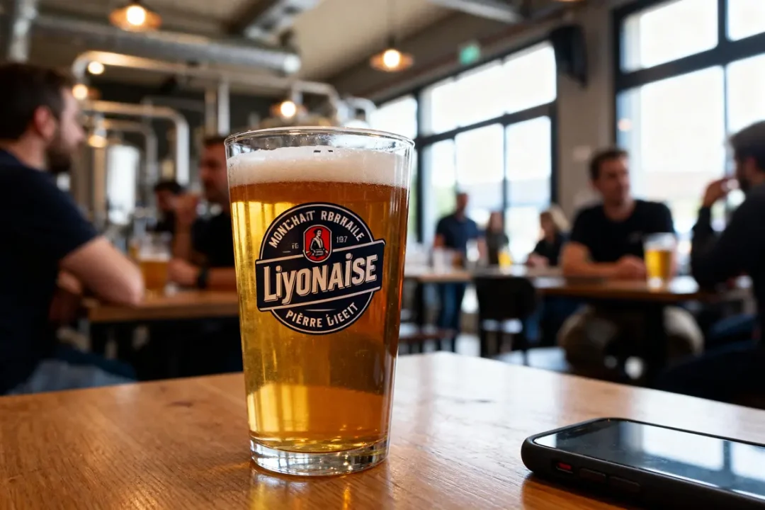 Verre de bière artisanale lyonnaise dans un bar convivial avec des amis en arrière-plan