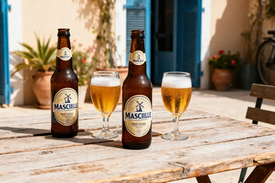 Bouteilles et verres de bière artisanale marseillaise sur table en bois extérieure ensoleillée