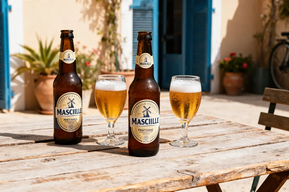 Bouteilles et verres de bière artisanale marseillaise sur table en bois extérieure ensoleillée