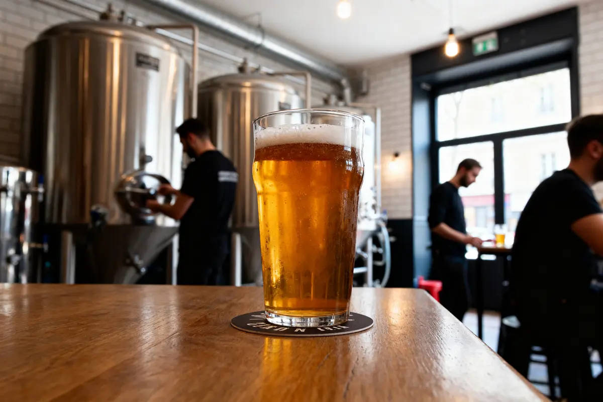 Verre de bière artisanale parisienne sur table, brasserie en activité à l’arrière-plan