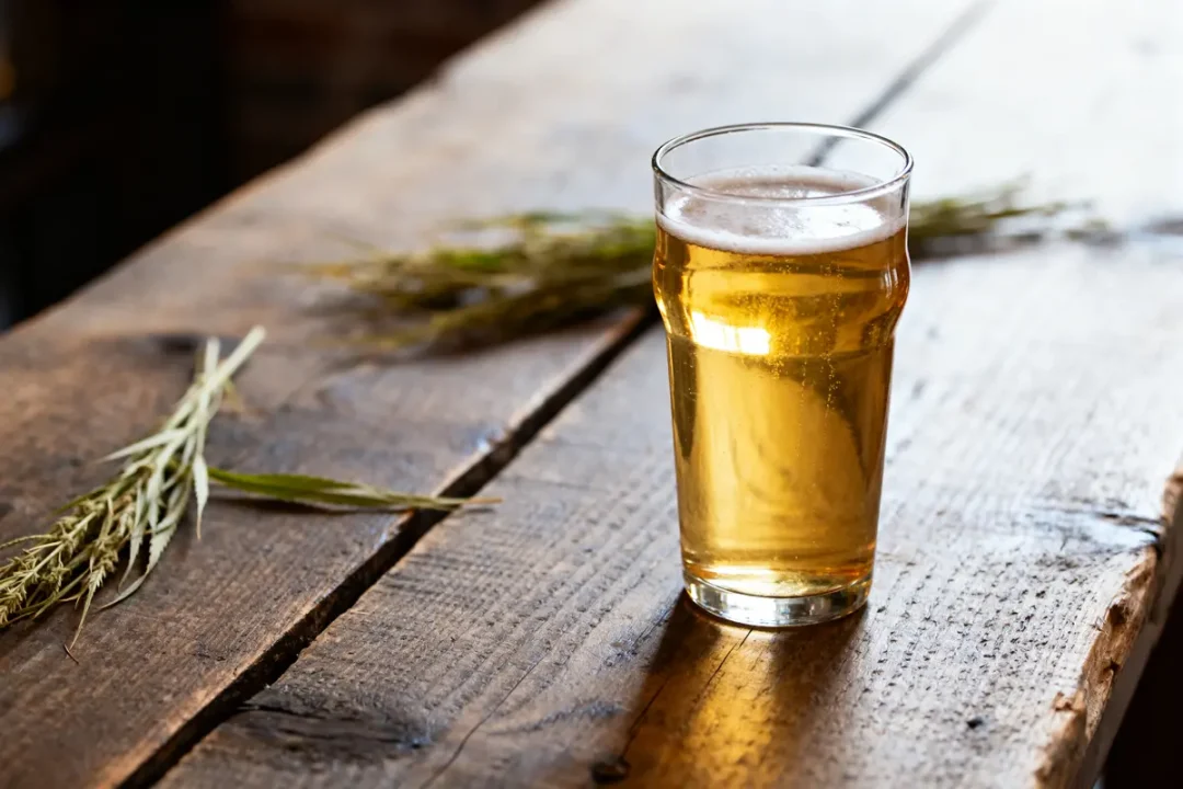 Verre de bière au chanvre avec branches de chanvre sur table en bois rustique