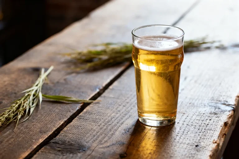 Verre de bière au chanvre avec branches de chanvre sur table en bois rustique