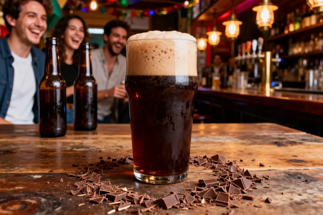 Verre de bière au chocolat sur table, entouré de copeaux de chocolat, ambiance festive.