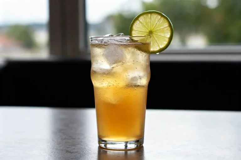 Verre de bière au gingembre avec glaçons et tranche de lime sur table