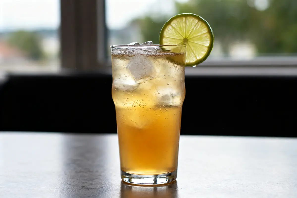 Verre de bière au gingembre avec glaçons et tranche de lime sur table