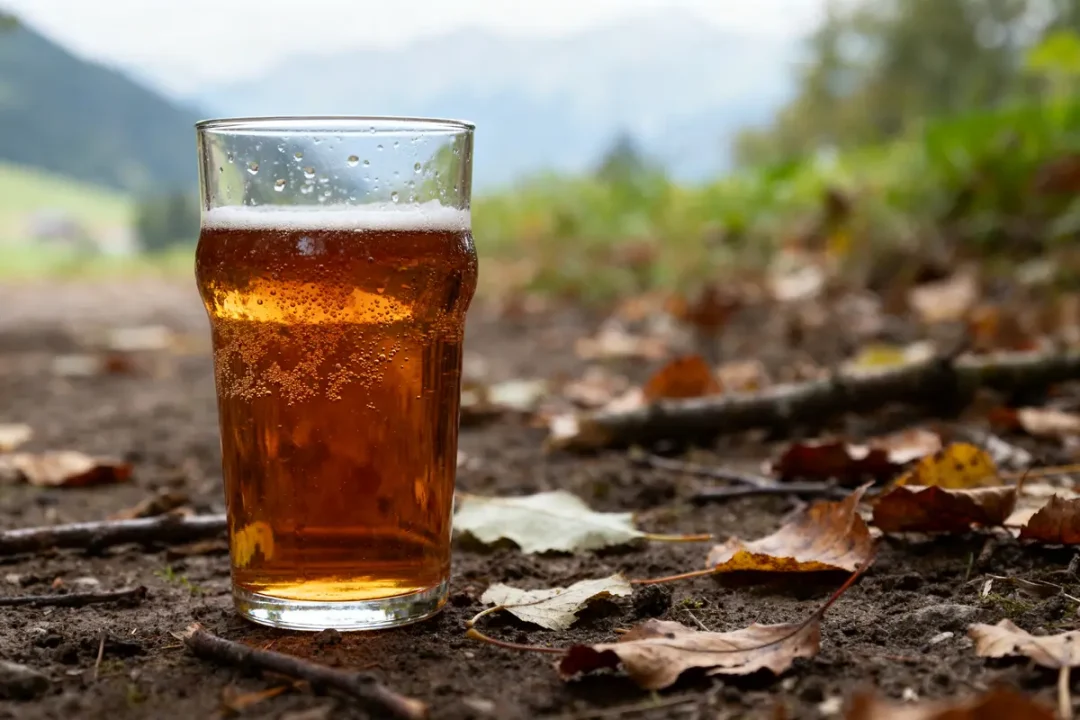 Verre de bière au malt fumé posé sur sol forestier automnal avec feuilles séchées