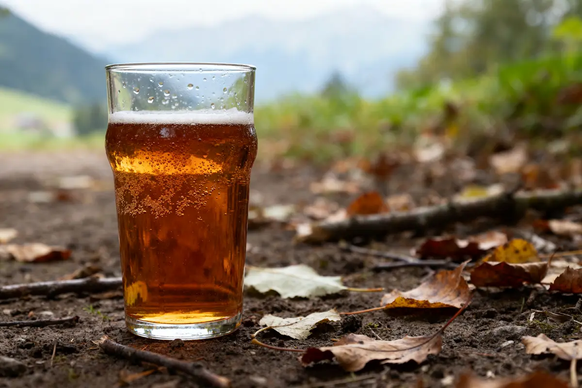 Verre de bière au malt fumé posé sur sol forestier automnal avec feuilles séchées