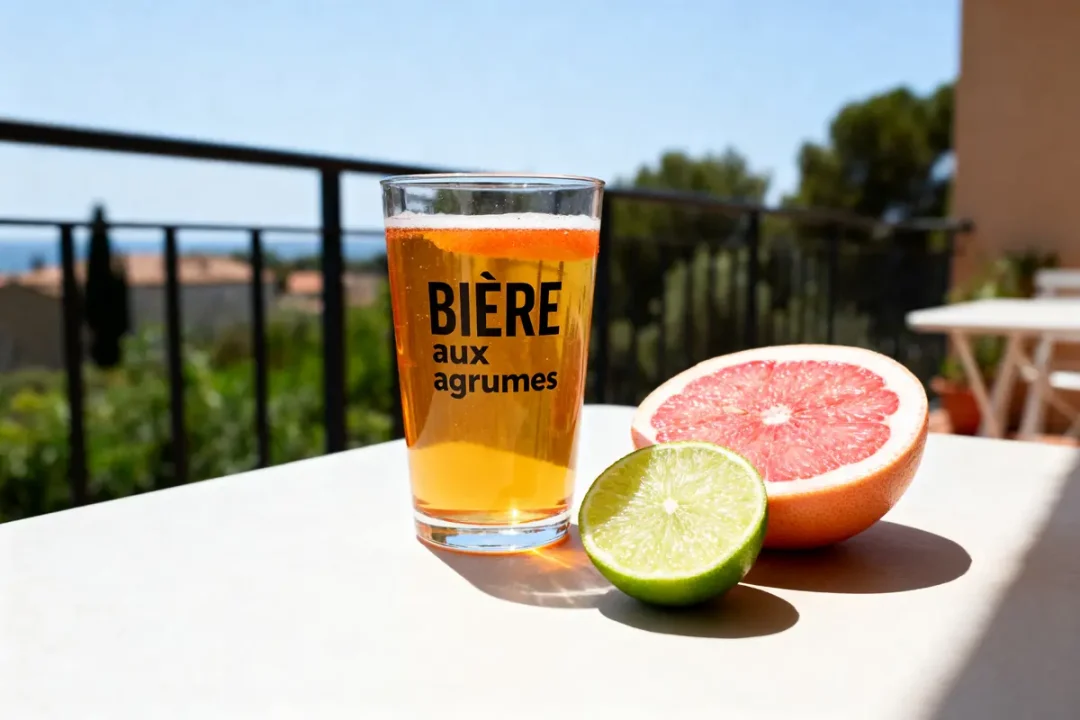 Verre de bière aux agrumes avec demi-orange et citron vert sur une table extérieure