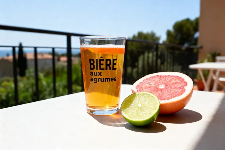 Verre de bière aux agrumes avec demi-orange et citron vert sur une table extérieure