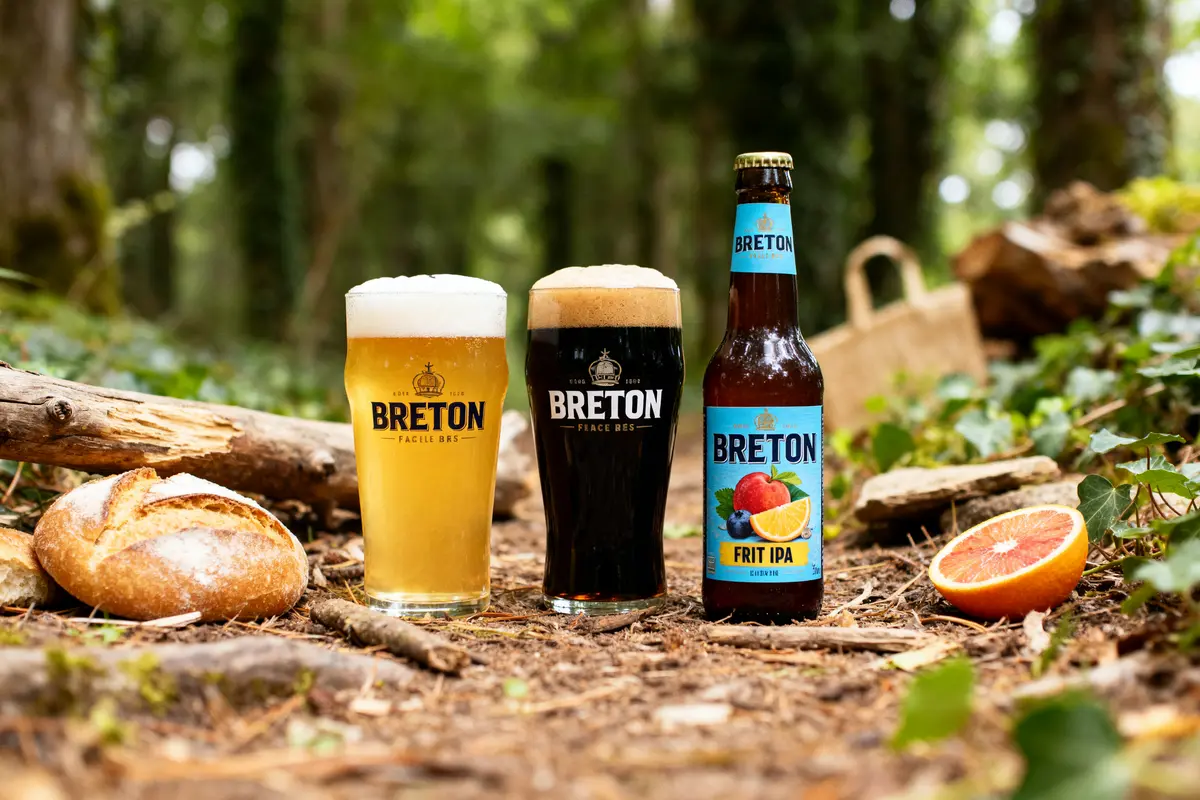 Verres et bouteille de bière bretonne avec pain et agrumes en forêt