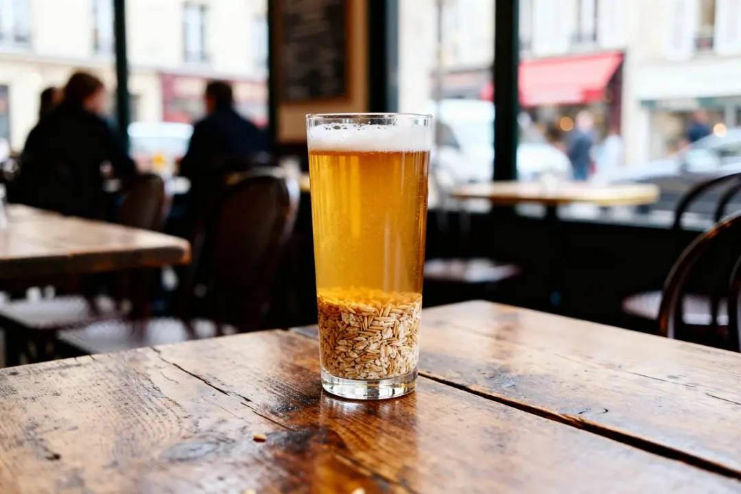 Un verre de bière céréalière sur une table en bois dans un café.