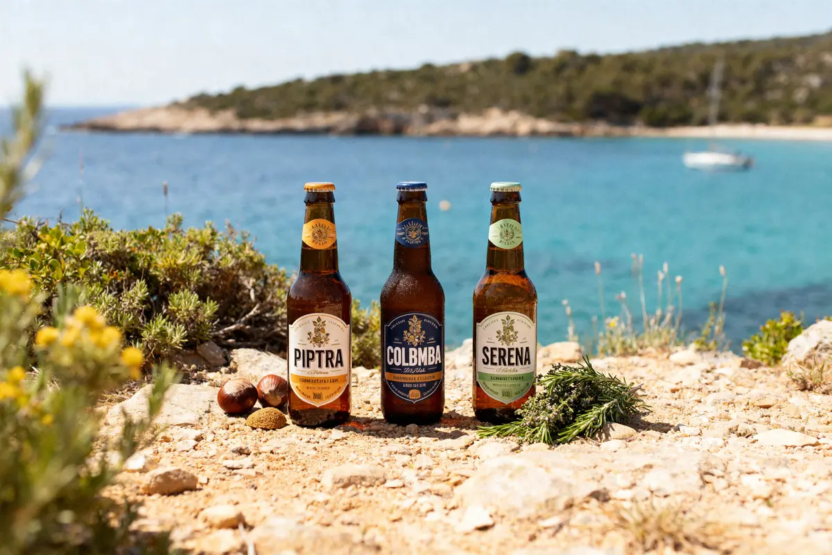 Trois bouteilles de bière corse avec vue sur plage et mer bleue.