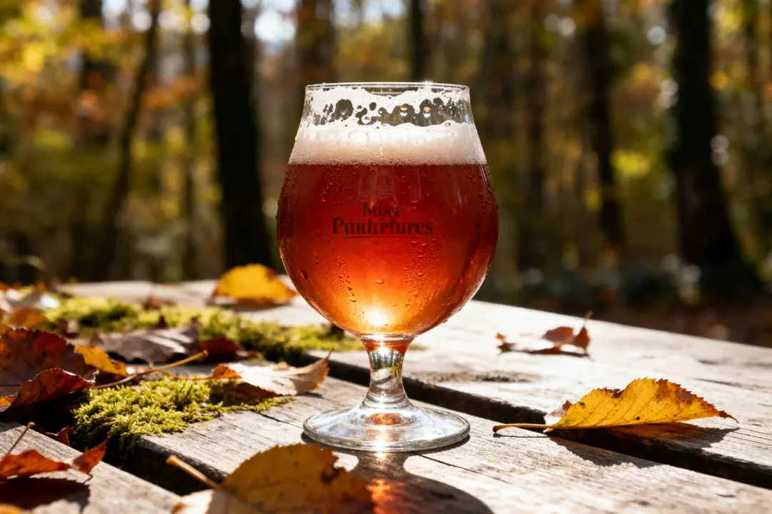 Verre de bière d’automne ambrée sur une table en bois, entouré de feuilles mortes