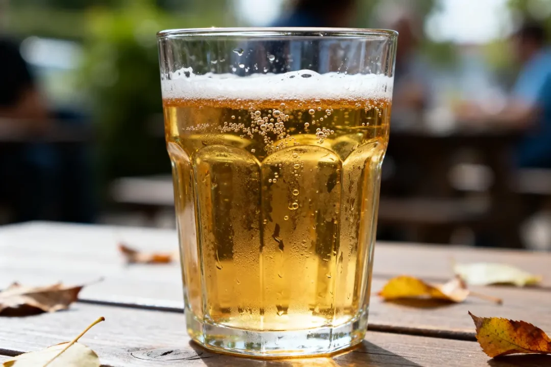 Verre de bière faible en calories pétillante sur table en bois extérieur ensoleillé