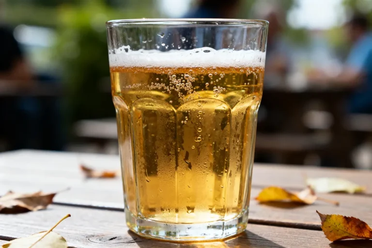 Verre de bière faible en calories pétillante sur table en bois extérieur ensoleillé