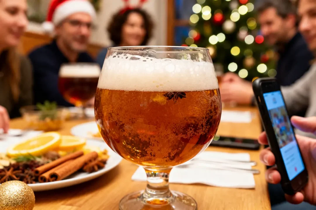 Gros plan sur une bière festive sur table, décorations de Noël en arrière-plan