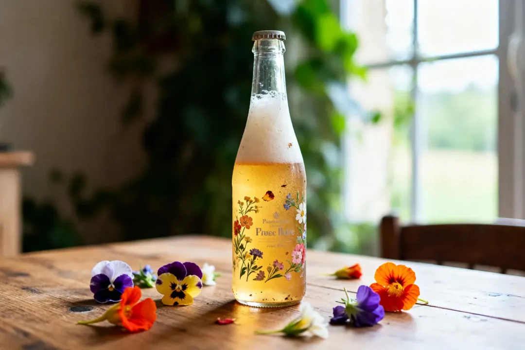 Bouteille transparente décorée de fleurs contenant une bière florale sur table en bois avec fleurs