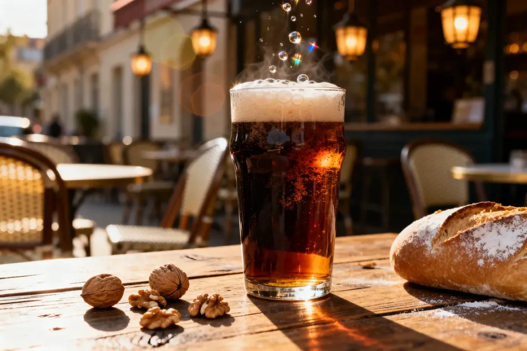 Verre de bière fumée avec noix et pain sur terrasse de café ensoleillée