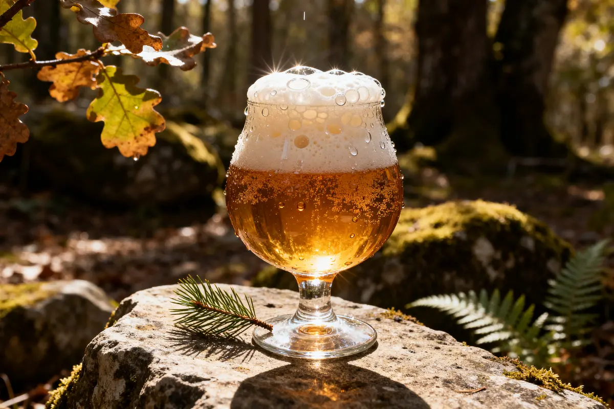 Verre de bière monastique pétillante posé sur rocher en forêt ensoleillée