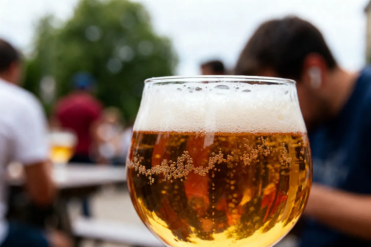 Verre de bière non pasteurisée en gros plan sur une terrasse animée