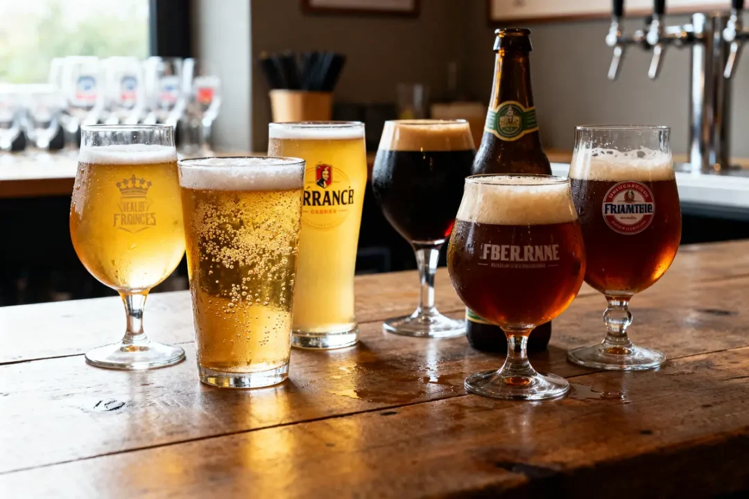 Verres de bière pour connaisseur alignés sur un comptoir en bois dans un bar