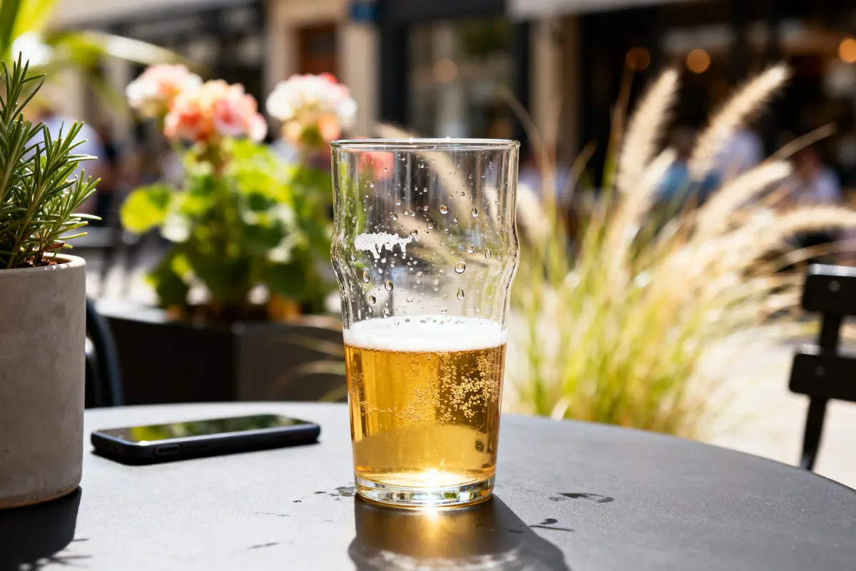 Verre de bière rafraîchissante sur une table en terrasse ensoleillée avec plantes