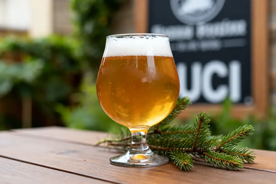 Verre de bière résineuse posé sur une table avec branche de conifère