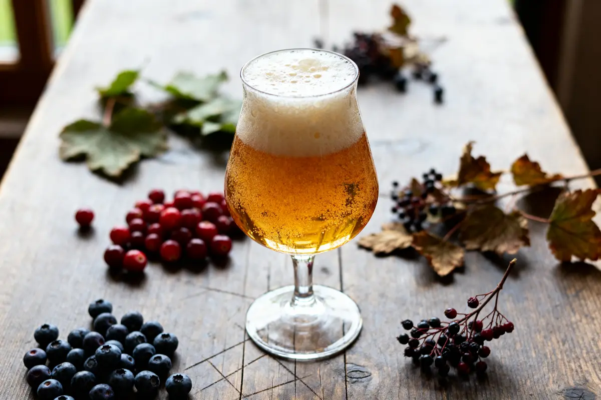 Verre de bière scandinave pétillante avec baies variées sur table en bois