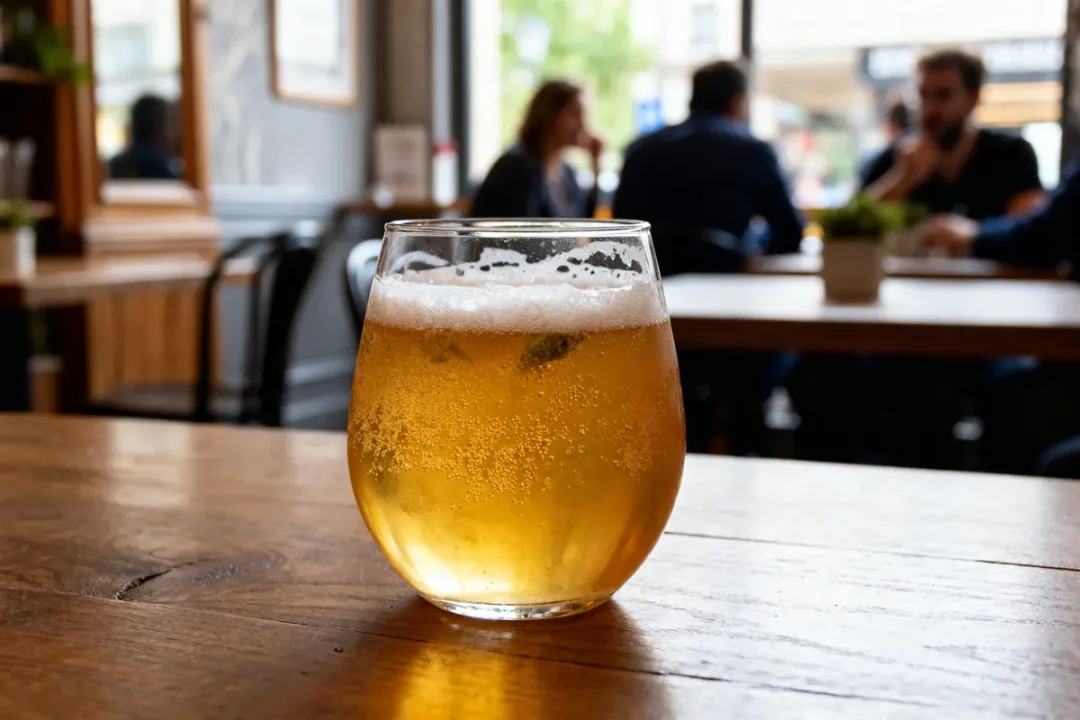 Verre de bière très houblonnée sur table en bois dans un café convivial