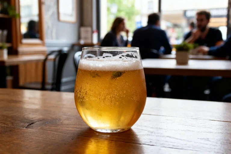 Verre de bière très houblonnée sur table en bois dans un café convivial