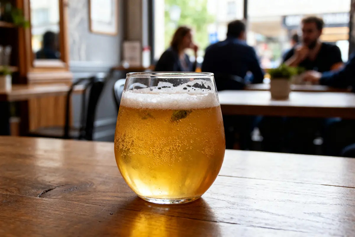 Verre de bière très houblonnée sur table en bois dans un café convivial