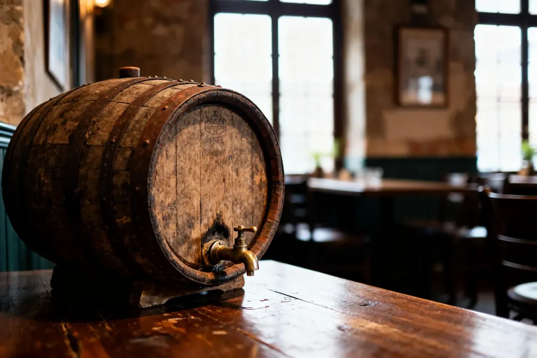 Tonneau en bois sur table dans un pub pour bière vieillie en fût