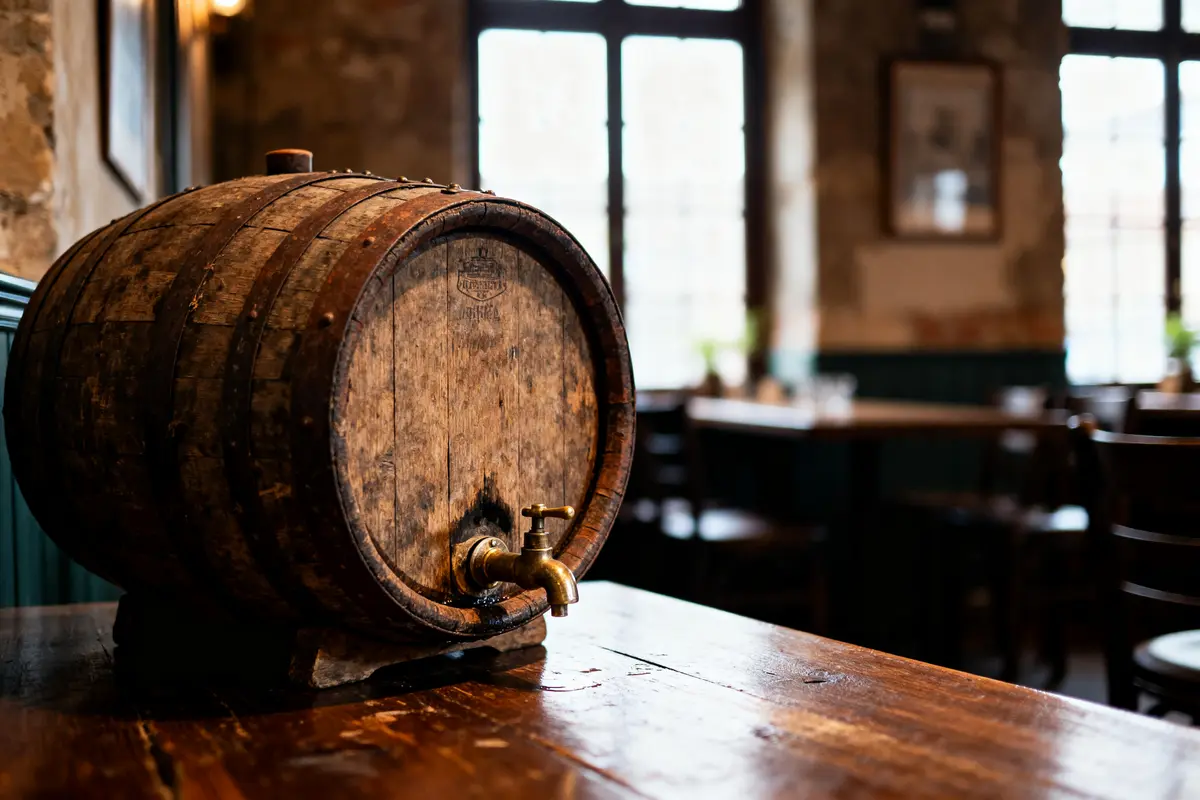 Tonneau en bois sur table dans un pub pour bière vieillie en fût