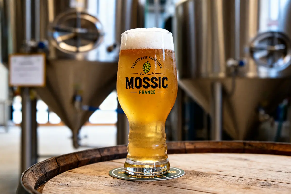 Verre de bière blonde sur fût avec houblon Mosaic en arrière-plan d'une brasserie