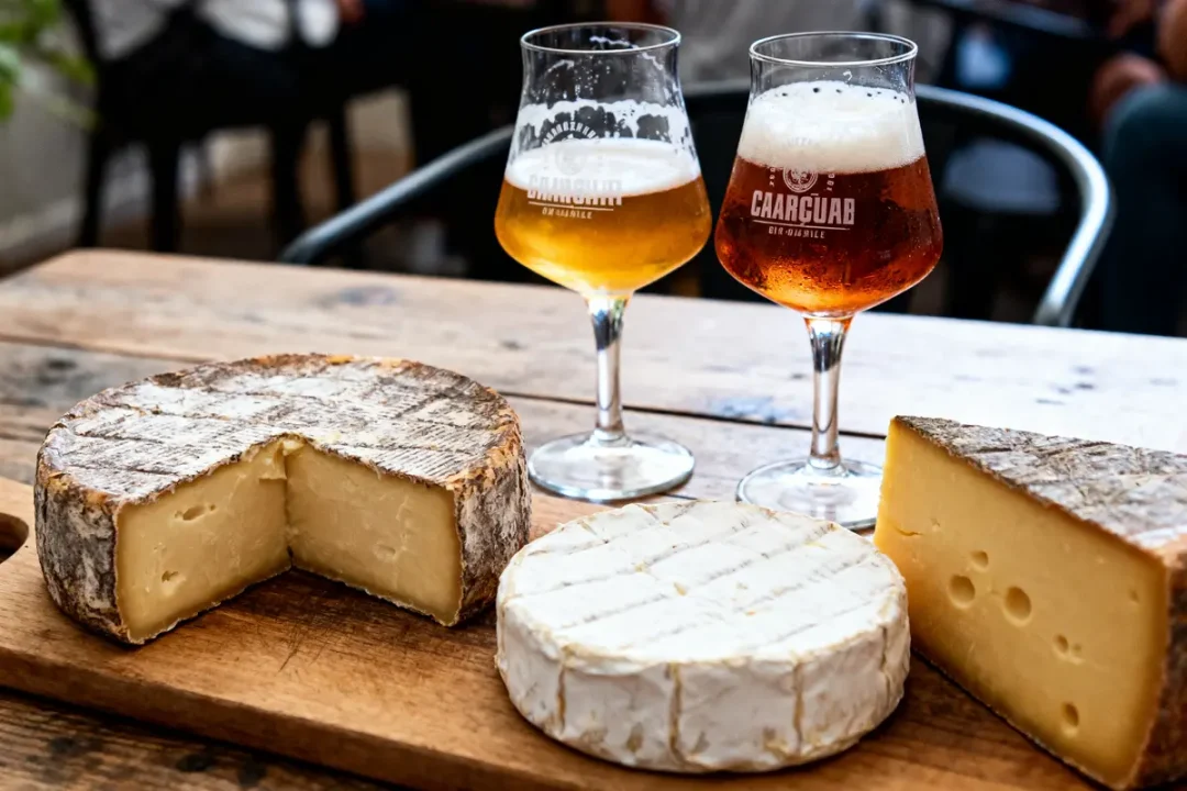 Assortiment de fromages avec deux verres de bière artisanale sur une table en bois.