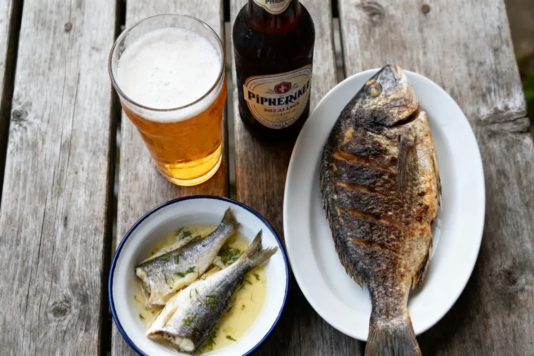 Assiette de poissons grillés, verre de bière et bouteille sur table en bois rustique.