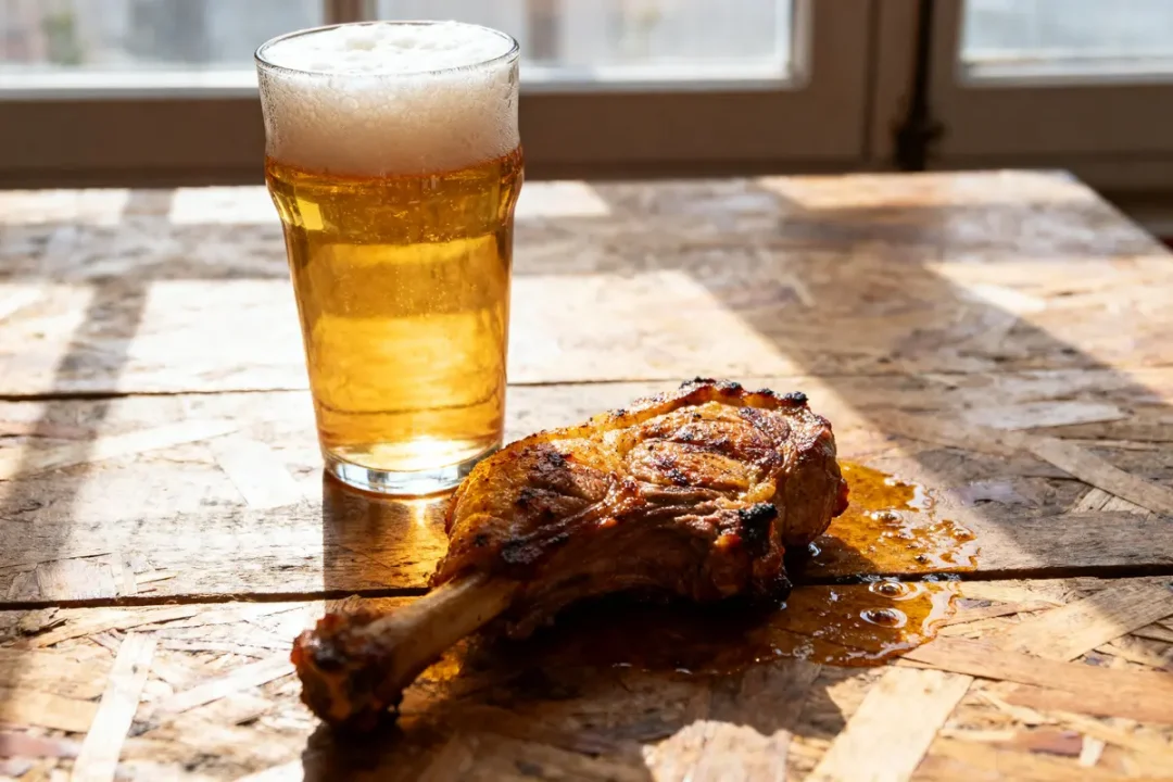 Verre de bière mousseuse à côté d'un morceau de viande grillée sur une table en bois.